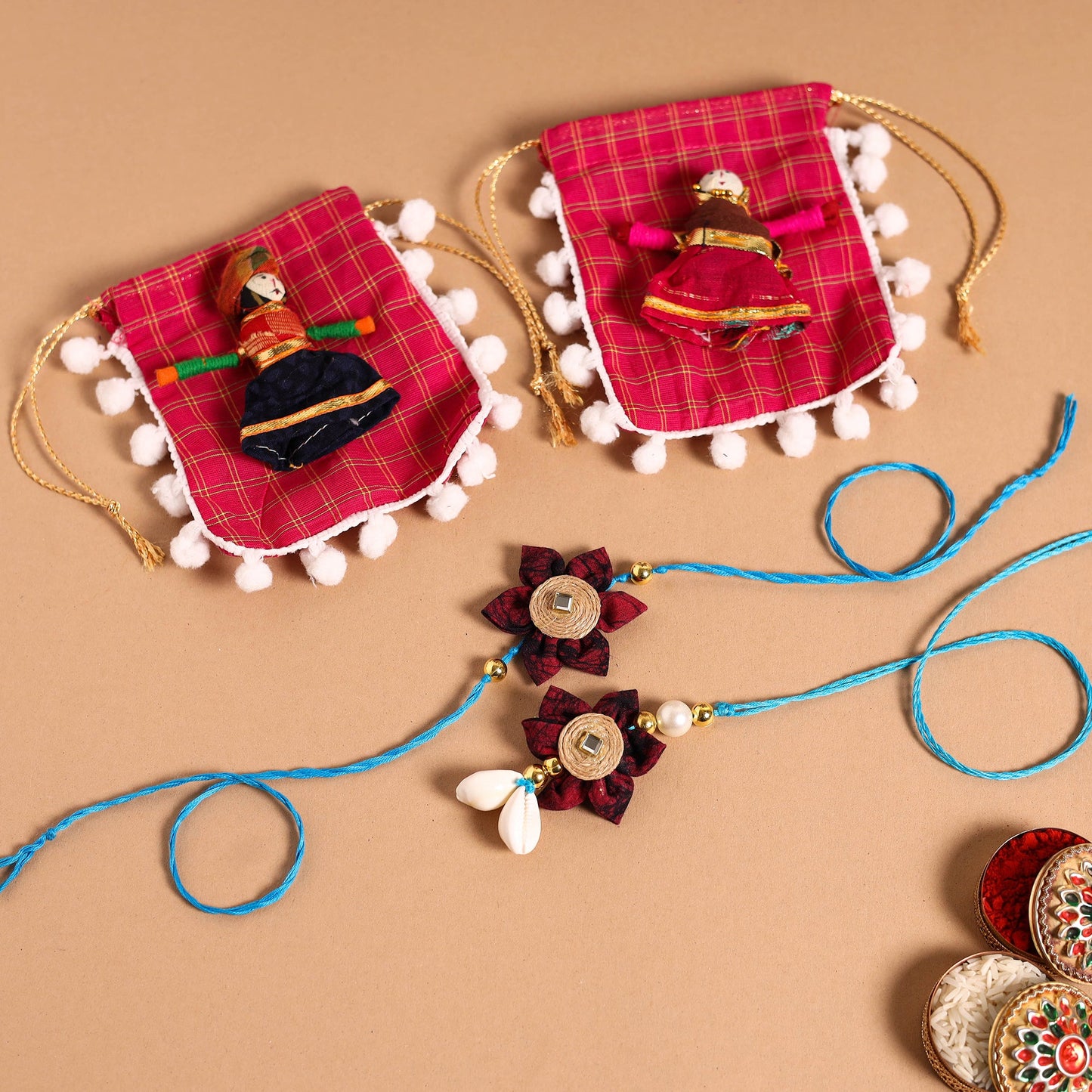 Handmade Fabric Flower Jute Rakhi & Lumba Set