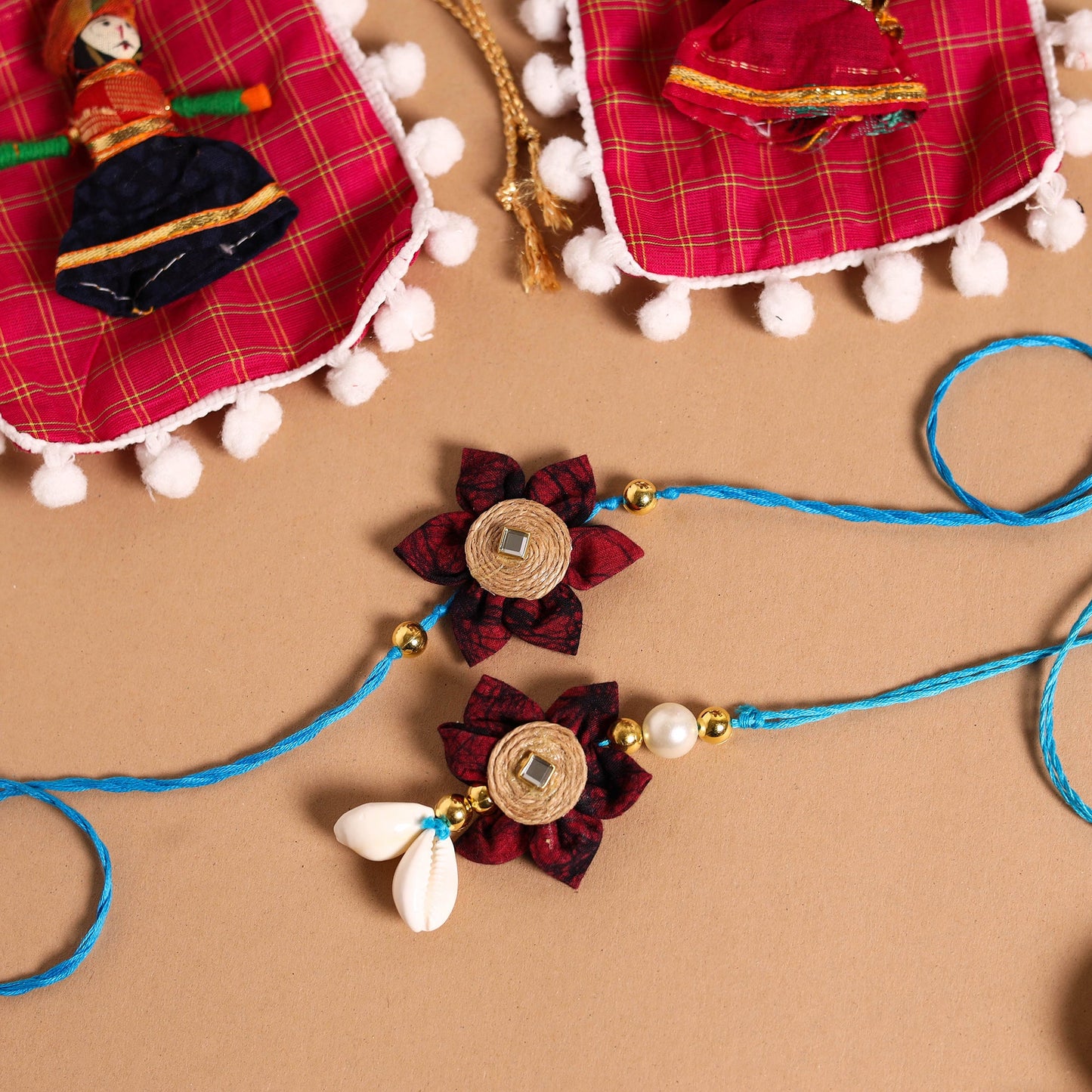 Handmade Fabric Flower Jute Rakhi & Lumba Set