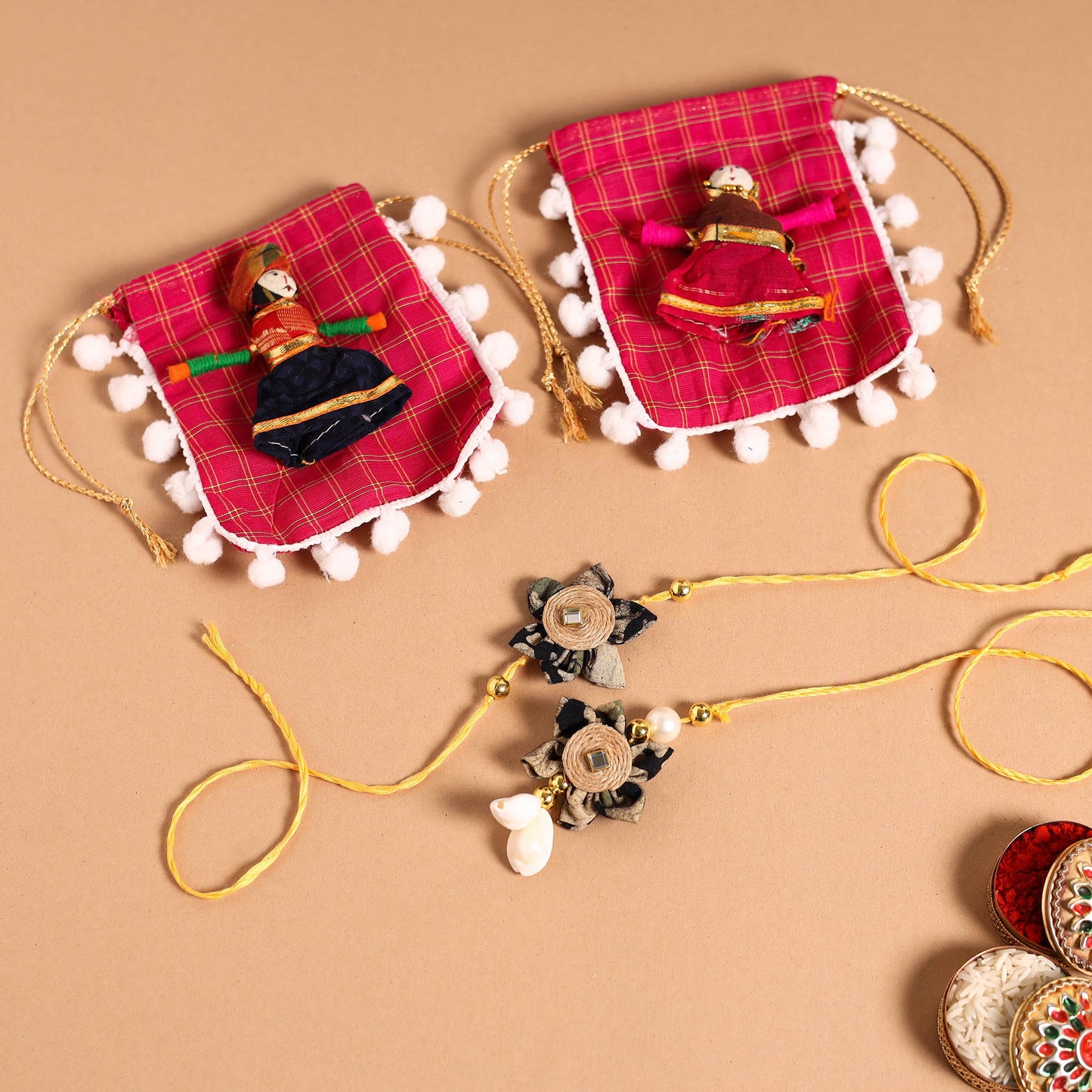 Handmade Fabric Flower Jute Rakhi & Lumba Set