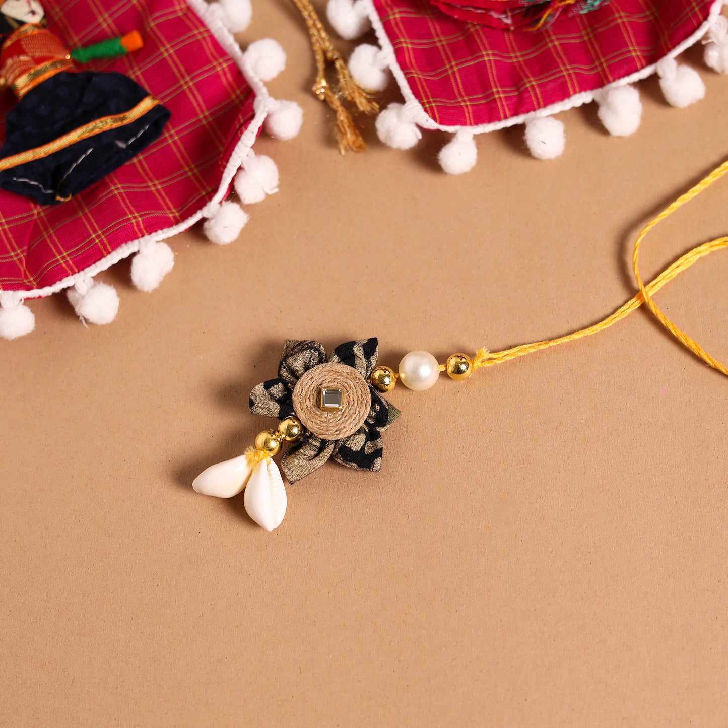 Handmade Fabric Flower Jute Rakhi & Lumba Set