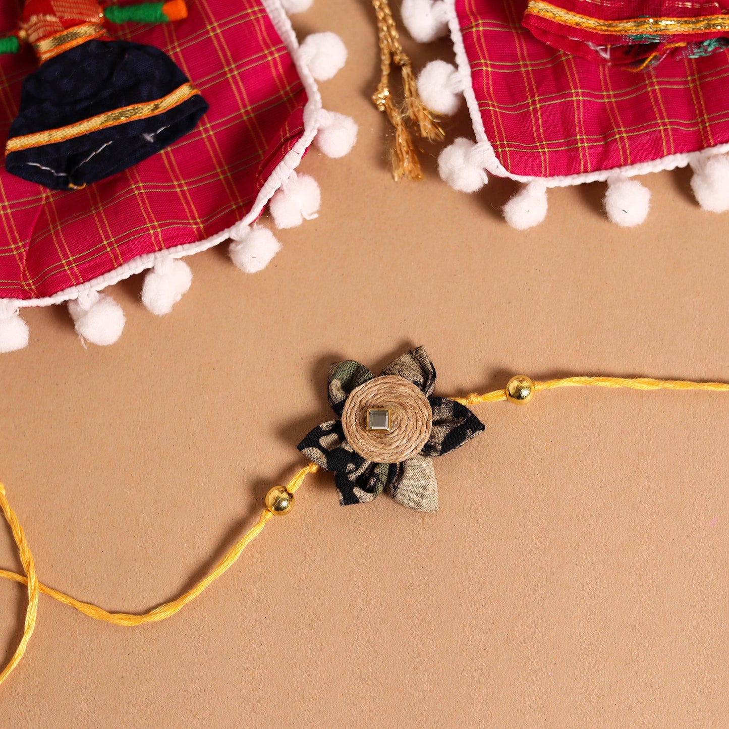 Handmade Fabric Flower Jute Rakhi & Lumba Set