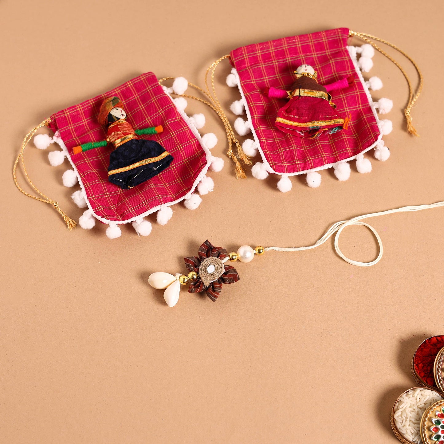 Handmade Fabric Flower Jute Rakhi & Lumba Set