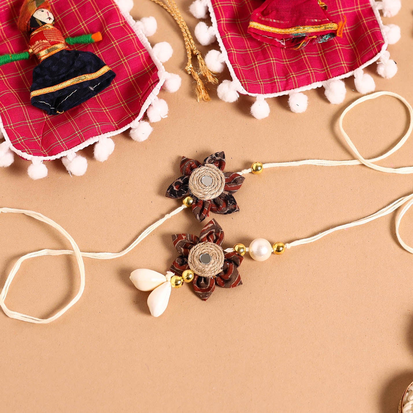Handmade Fabric Flower Jute Rakhi & Lumba Set