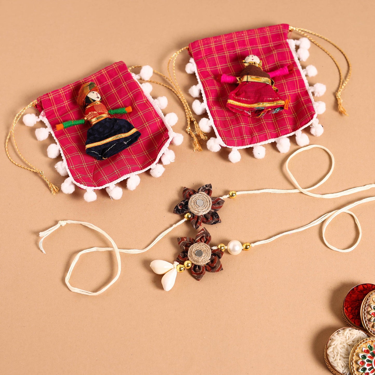 Handmade Fabric Flower Jute Rakhi & Lumba Set
