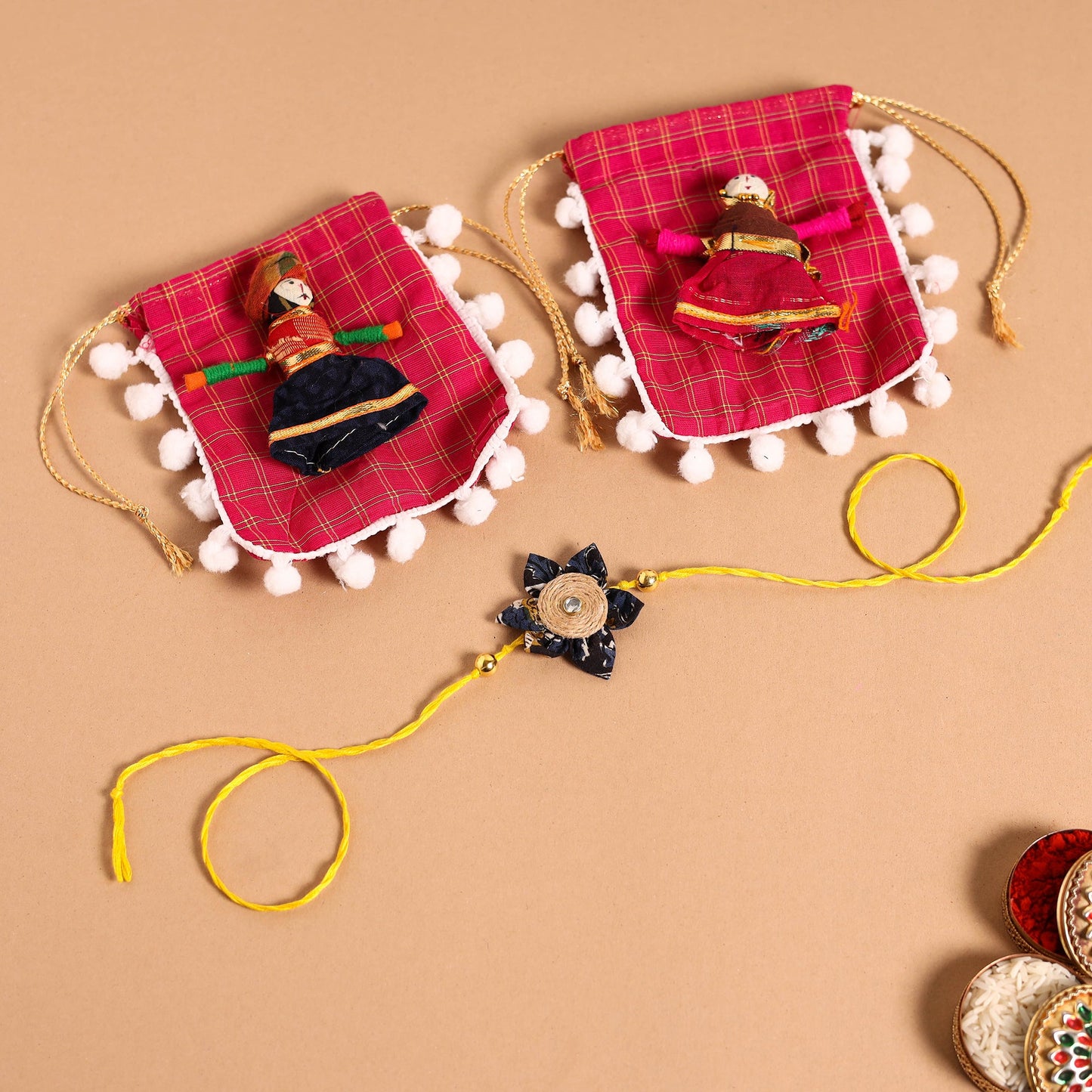 Handmade Fabric Flower Jute Rakhi & Lumba Set