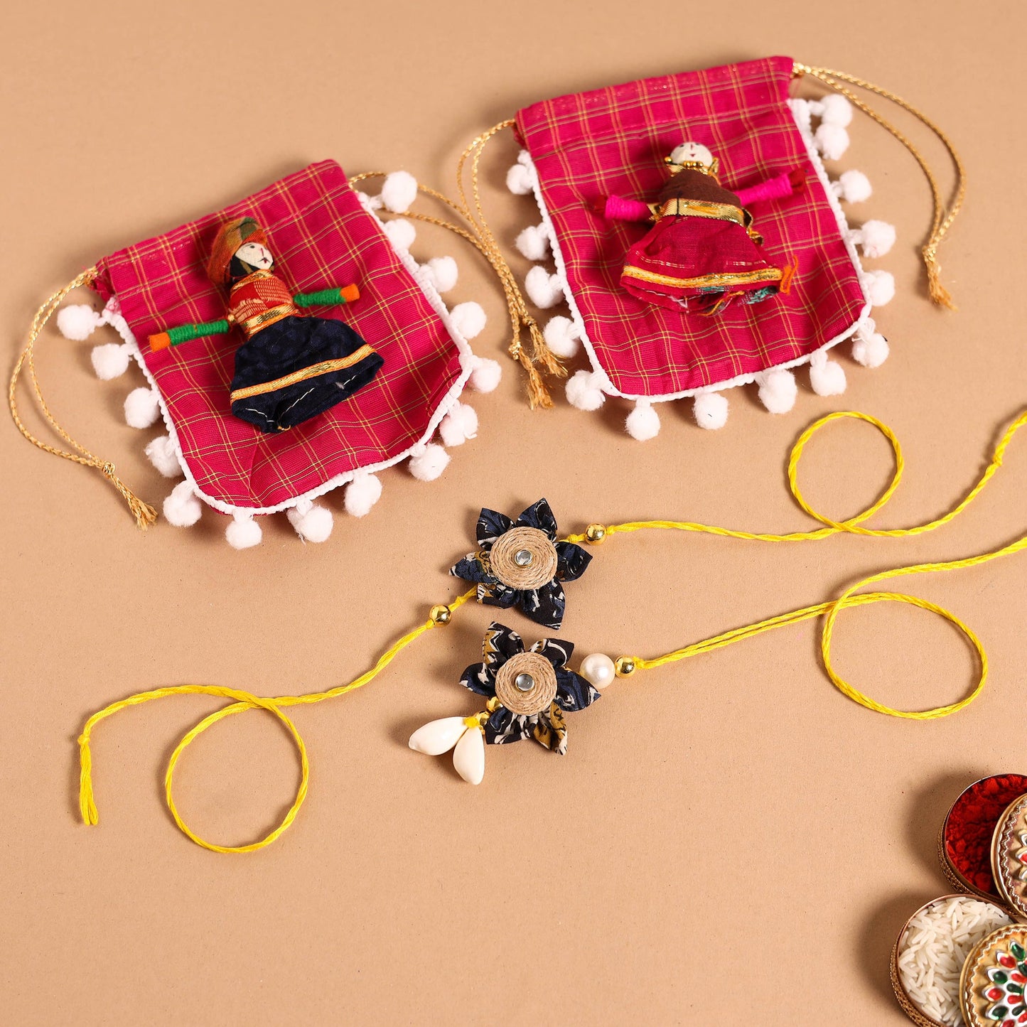 Handmade Fabric Flower Jute Rakhi & Lumba Set