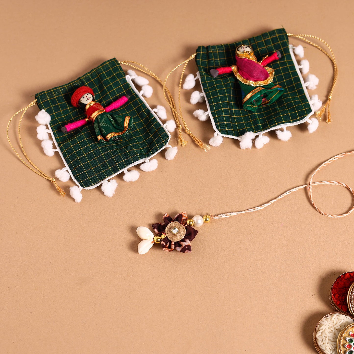 Handmade Fabric Flower Jute Rakhi & Lumba Set
