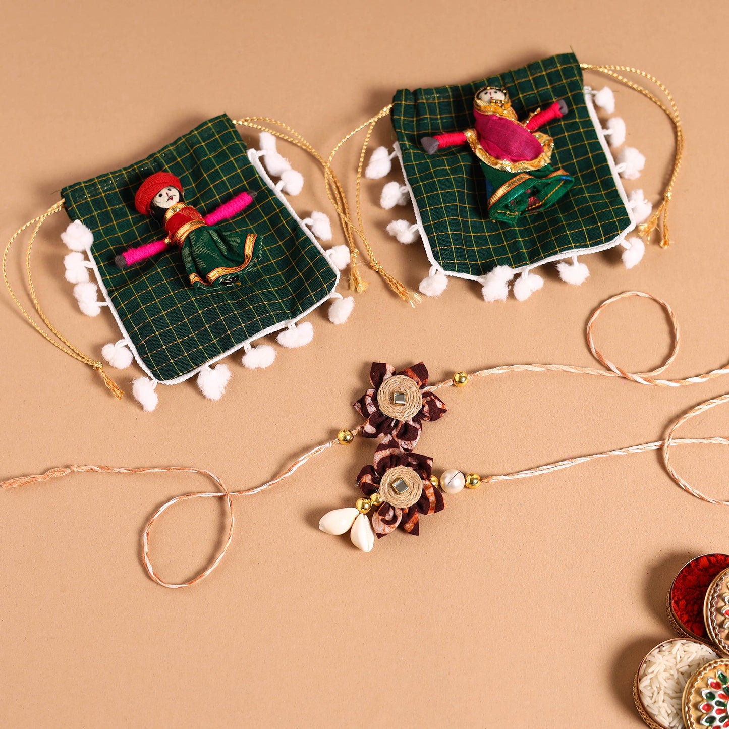 Handmade Fabric Flower Jute Rakhi & Lumba Set