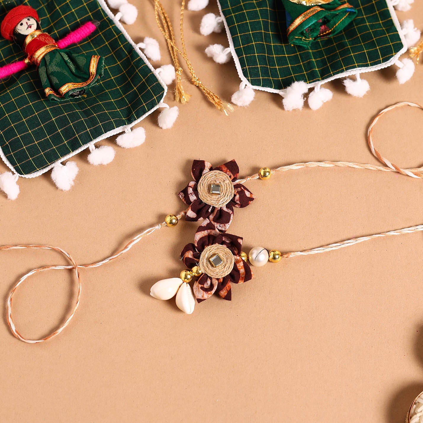 Handmade Fabric Flower Jute Rakhi & Lumba Set
