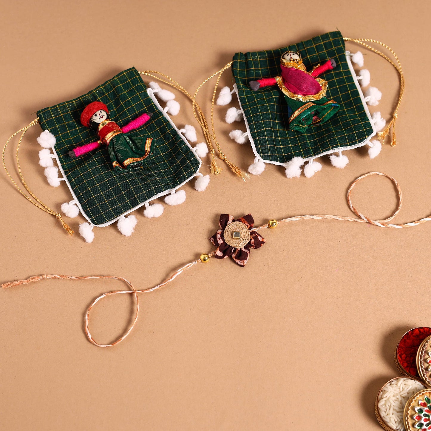 Handmade Fabric Flower Jute Rakhi & Lumba Set
