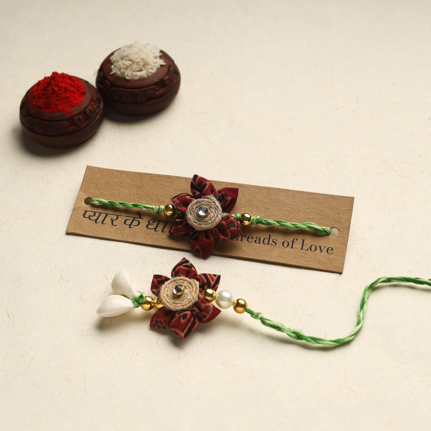 Handmade Fabric Flower Rakhi & Lumba Set (Assorted)