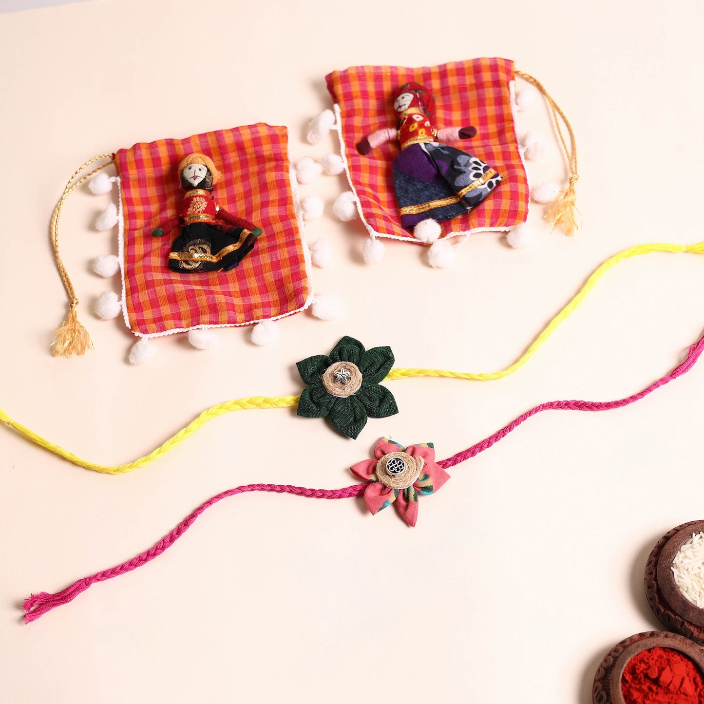 Handmade Fabric Flower Rakhi (Set of 2)