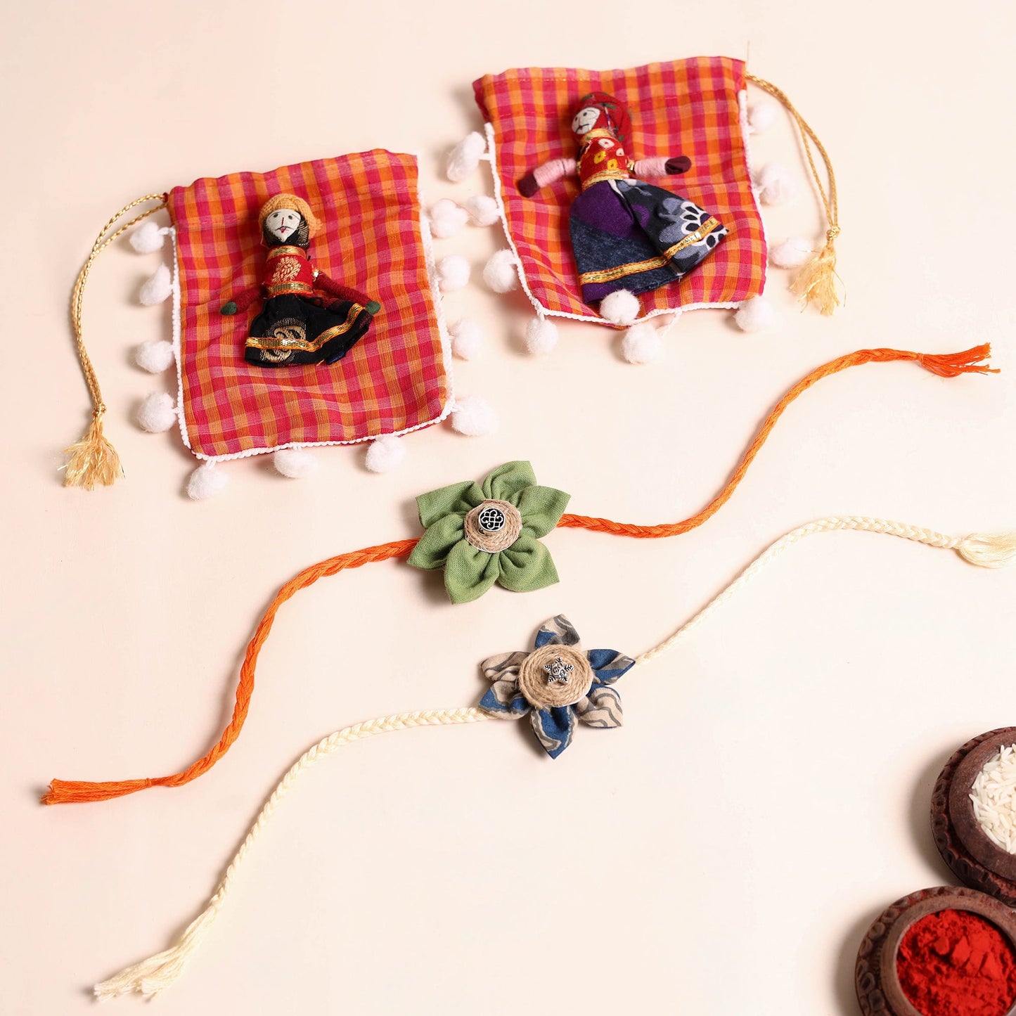 Handmade Fabric Flower Rakhi (Set of 2)