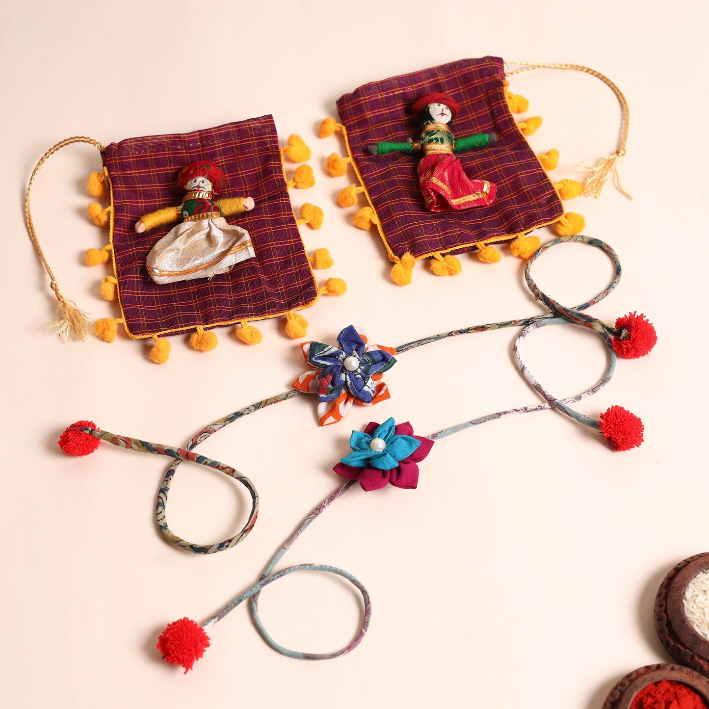 Handmade Fabric Flower Rakhi (Set of 2)