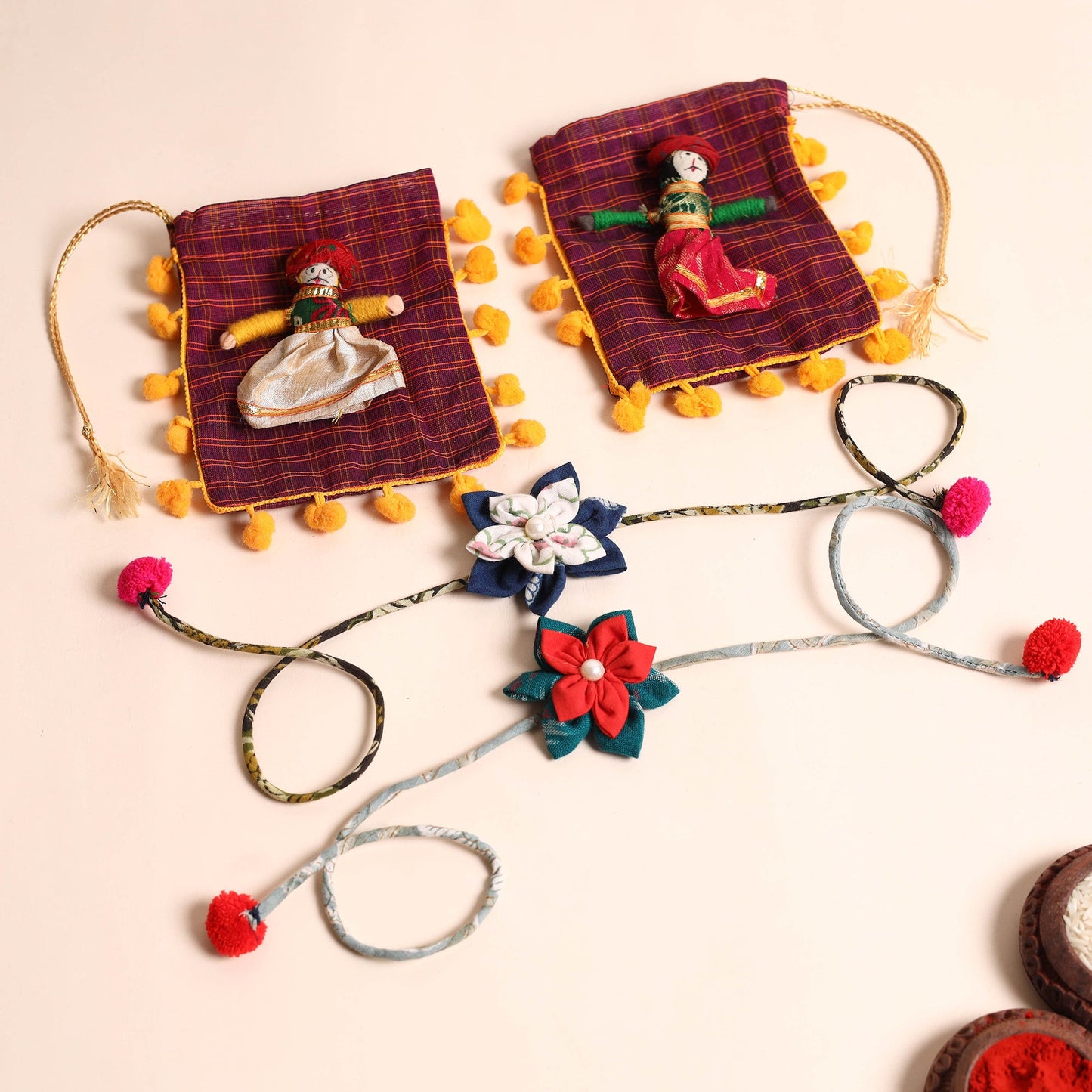 Handmade Fabric Flower Rakhi (Set of 2)