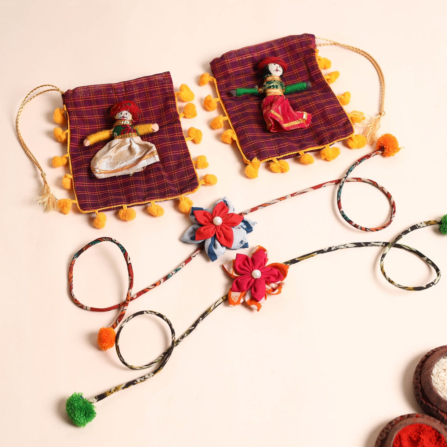 Handmade Fabric Flower Rakhi (Set of 2)