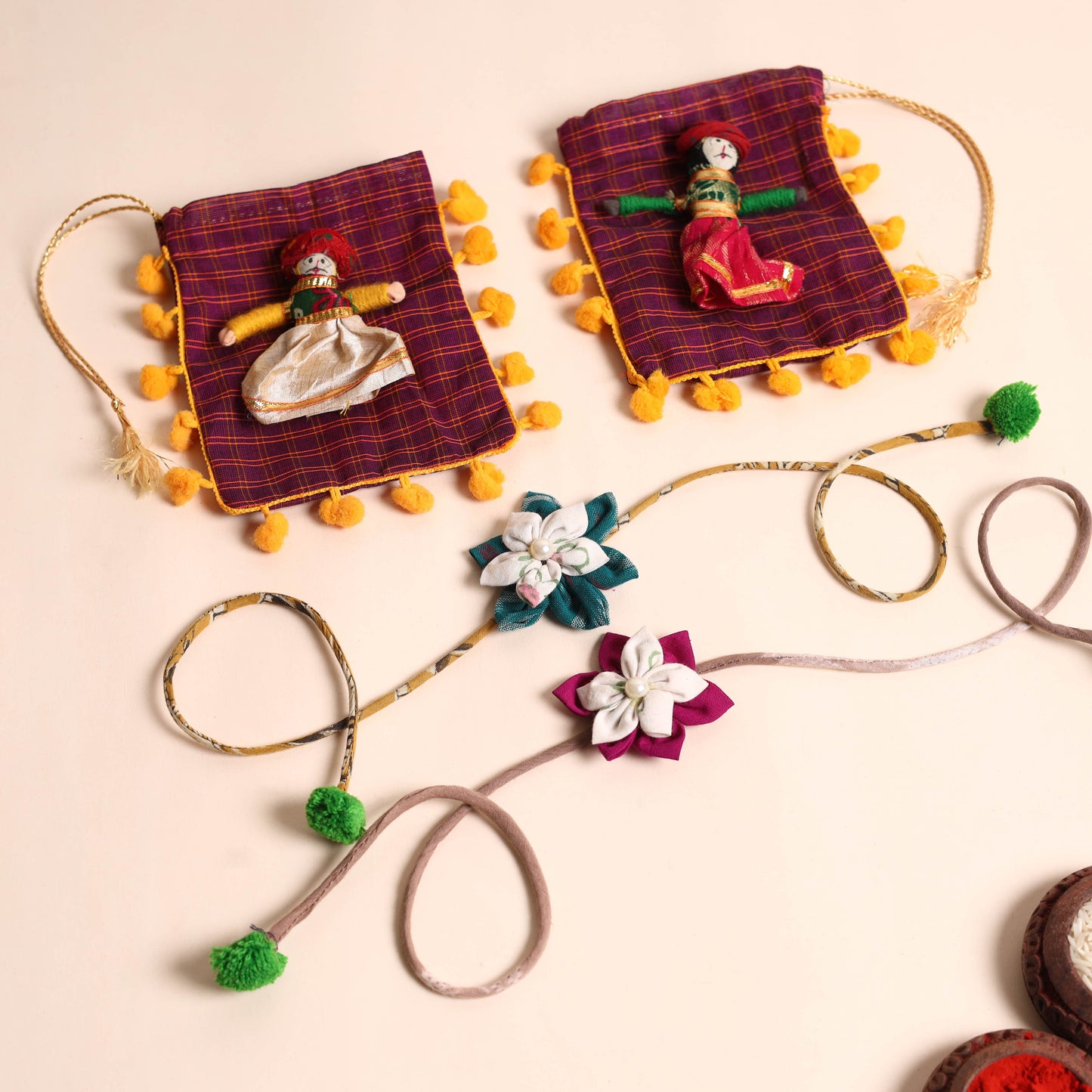 Handmade Fabric Flower Rakhi (Set of 2)