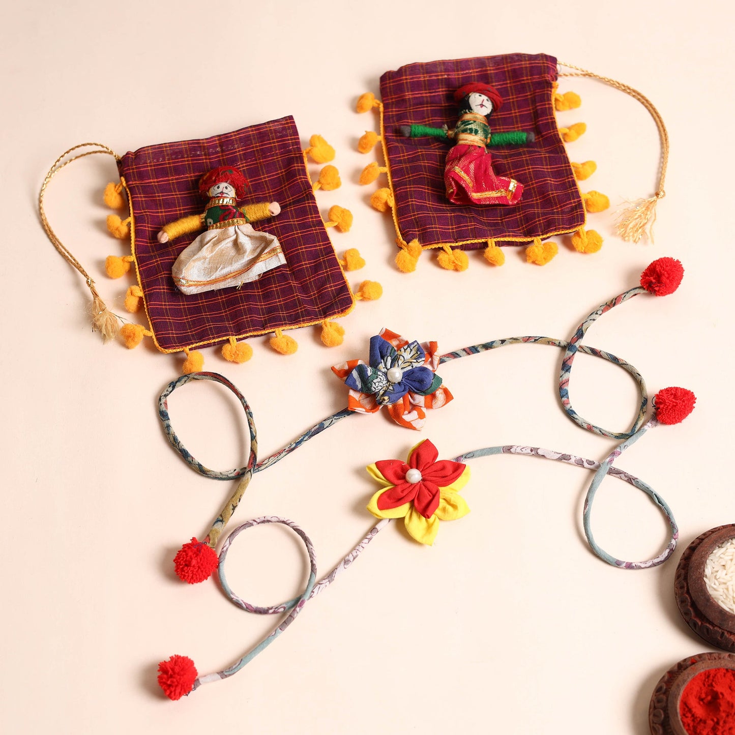 Handmade Fabric Flower Rakhi (Set of 2)