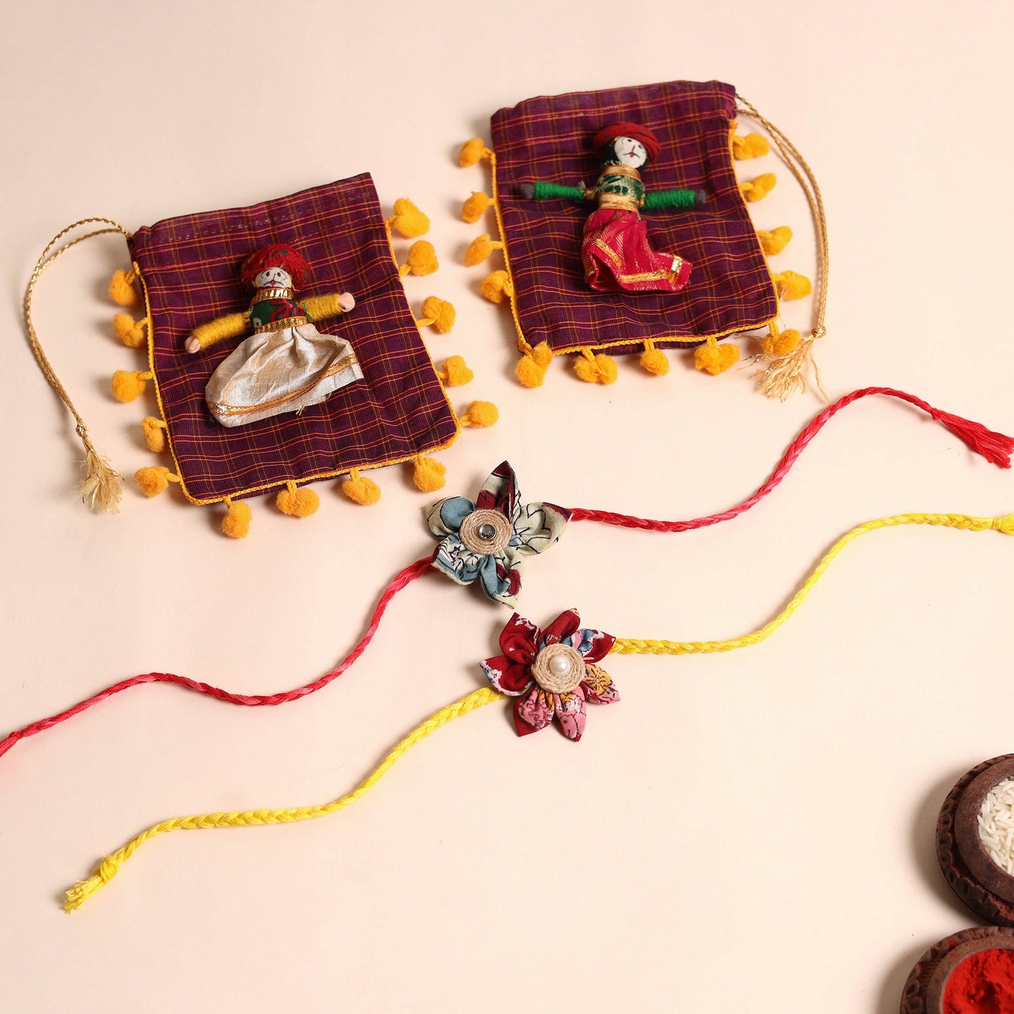 Handmade Fabric Flower Rakhi (Set of 2)