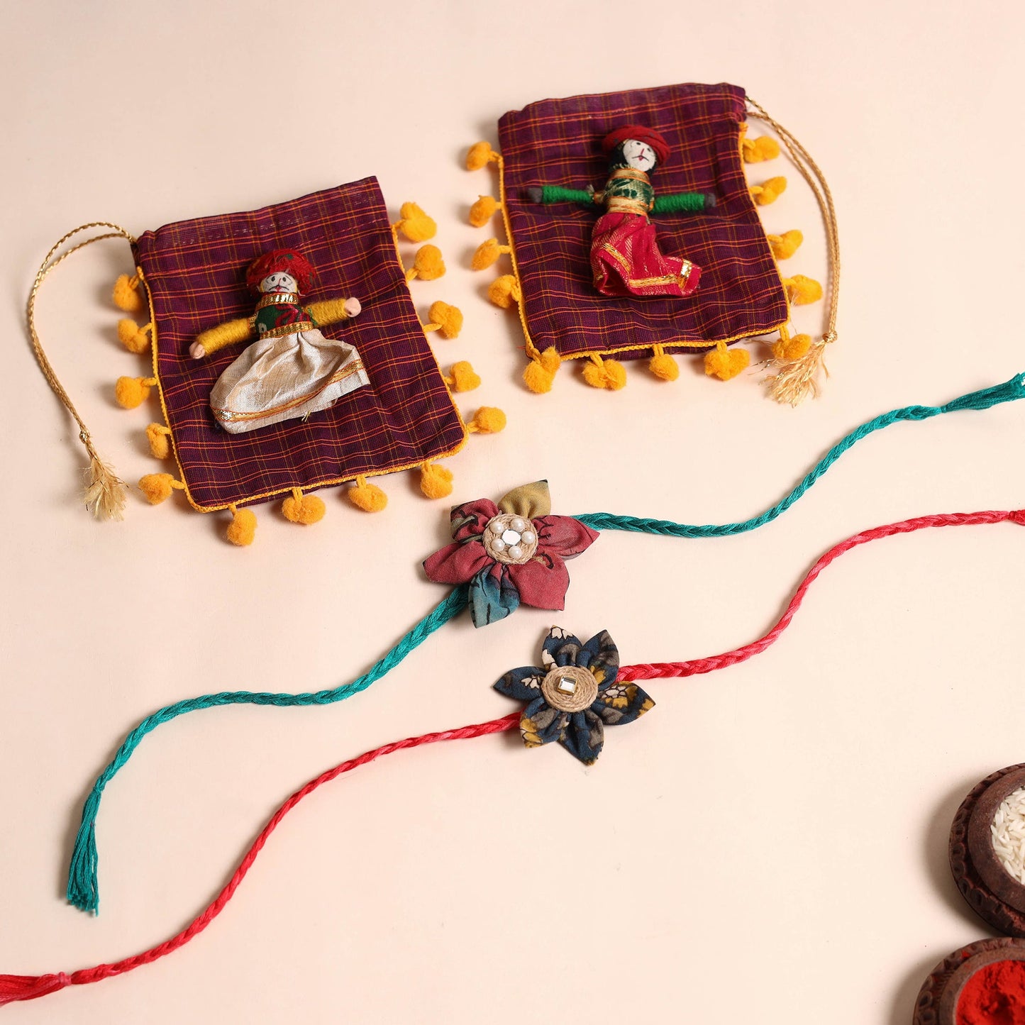 Handmade Fabric Flower Rakhi (Set of 2)