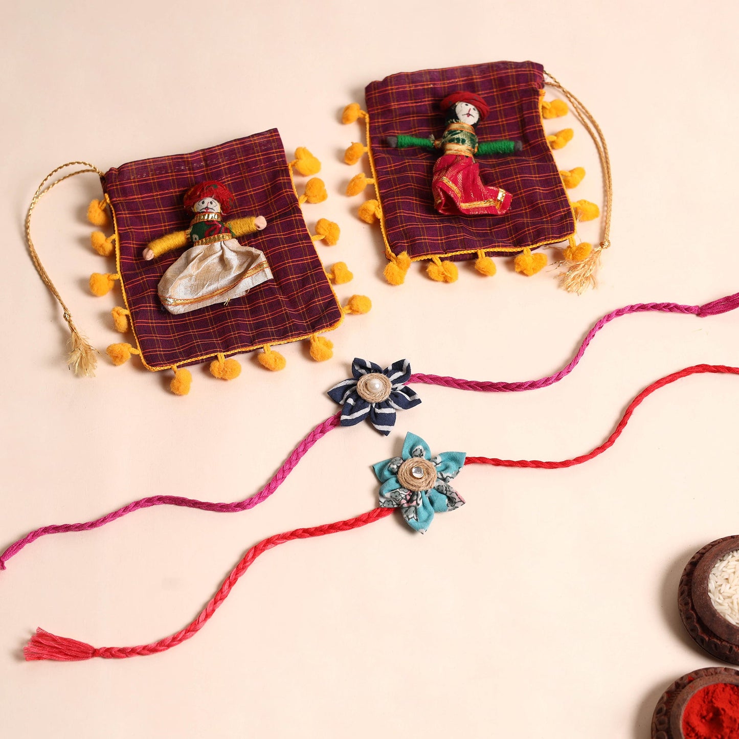 Handmade Fabric Flower Rakhi (Set of 2)