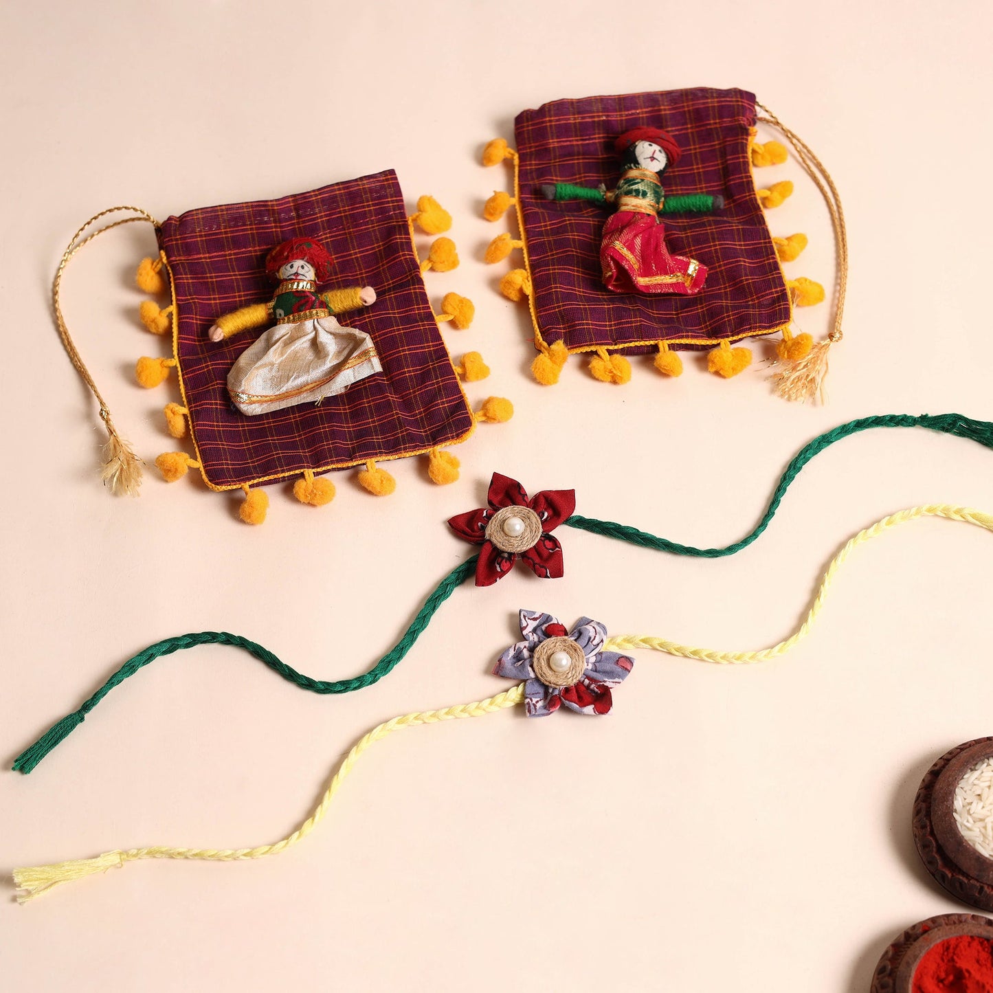 Handmade Fabric Flower Rakhi (Set of 2)