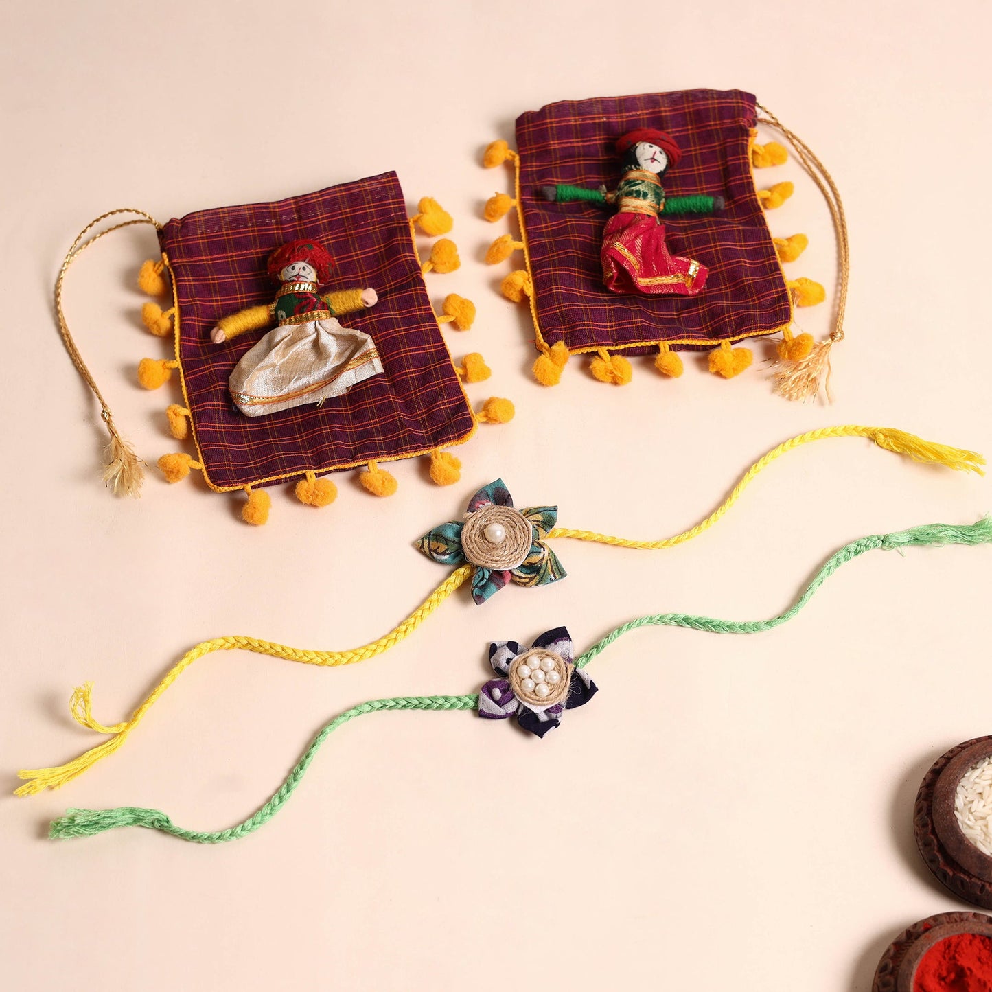 Handmade Fabric Flower Rakhi (Set of 2)