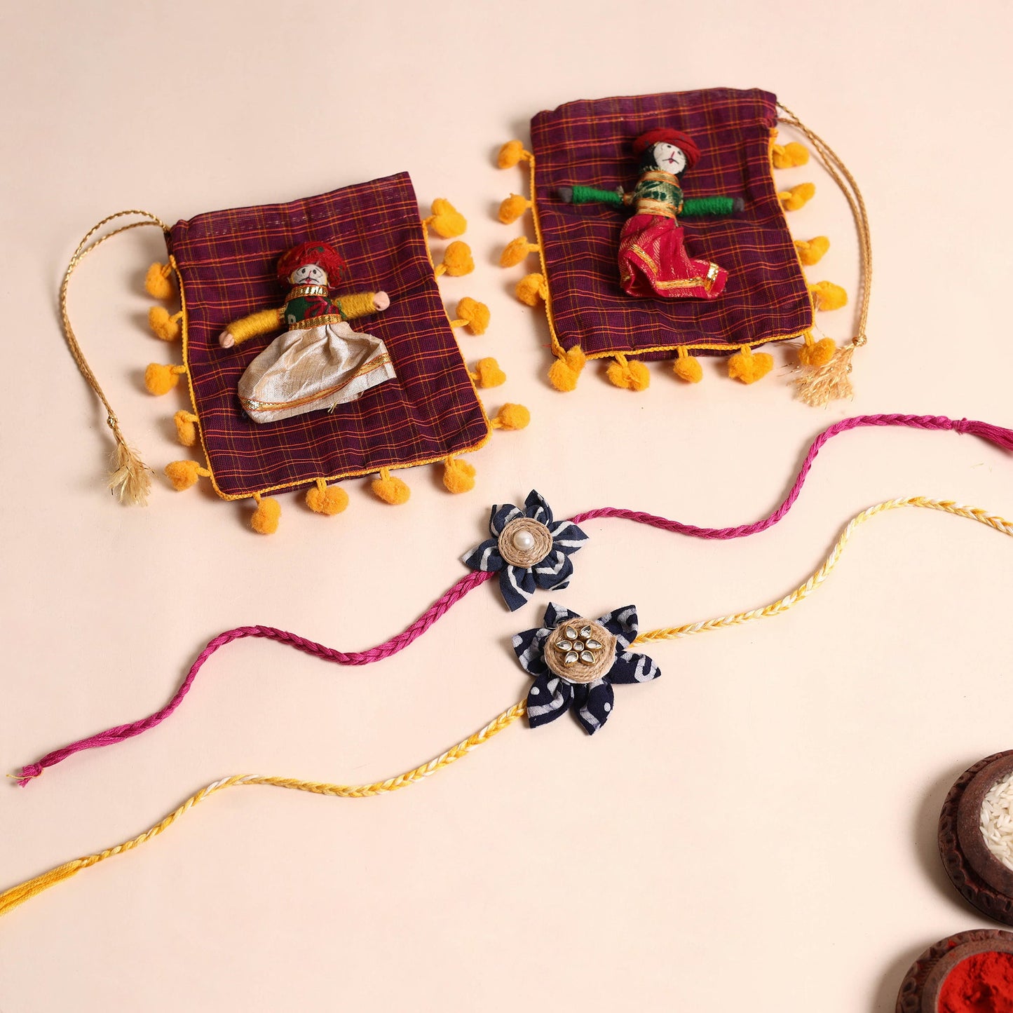 Handmade Fabric Flower Rakhi (Set of 2)