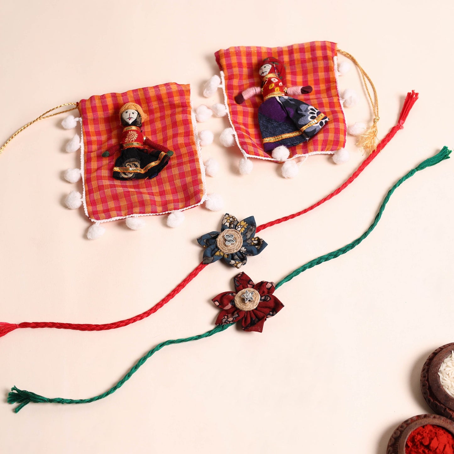 Handmade Fabric Flower Rakhi (Set of 2)