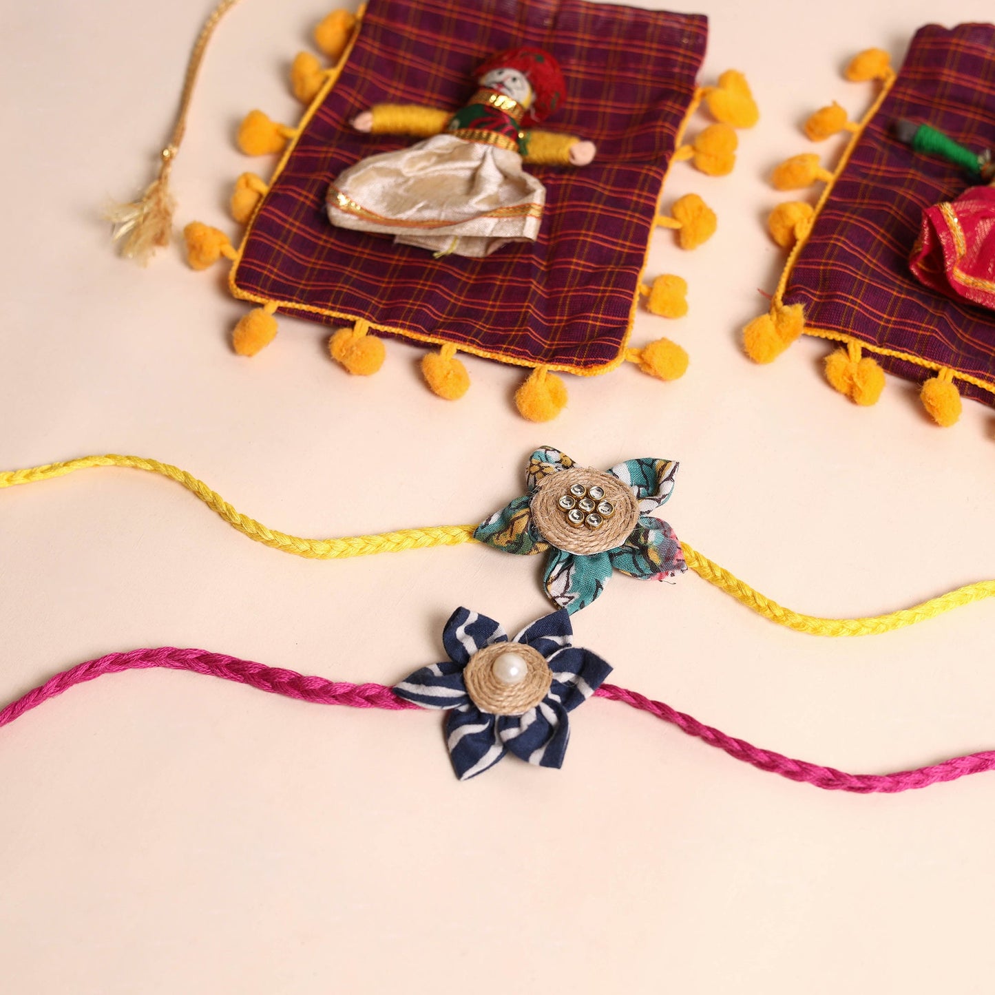 Handmade Fabric Flower Rakhi (Set of 2)