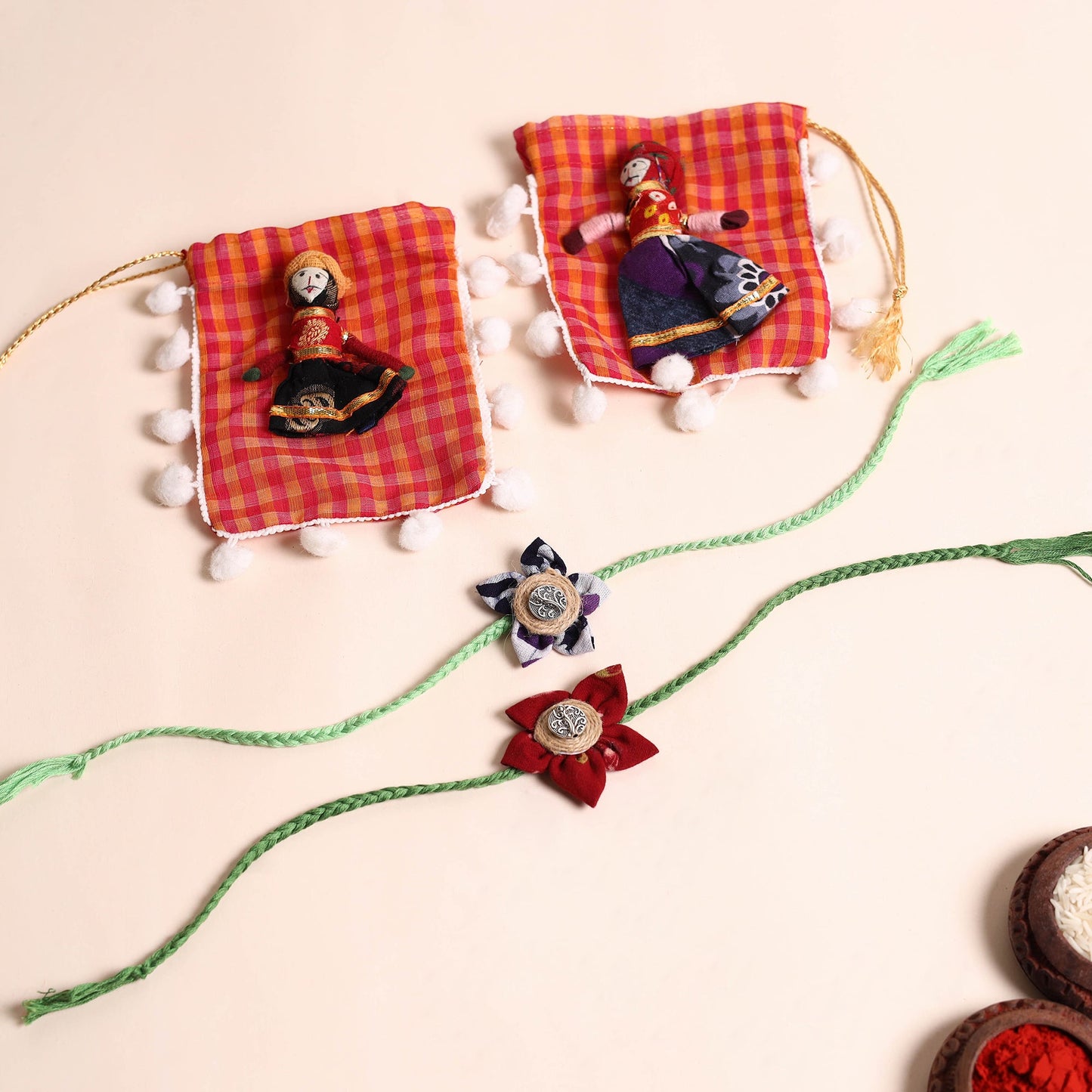 Handmade Fabric Flower Rakhi (Set of 2)
