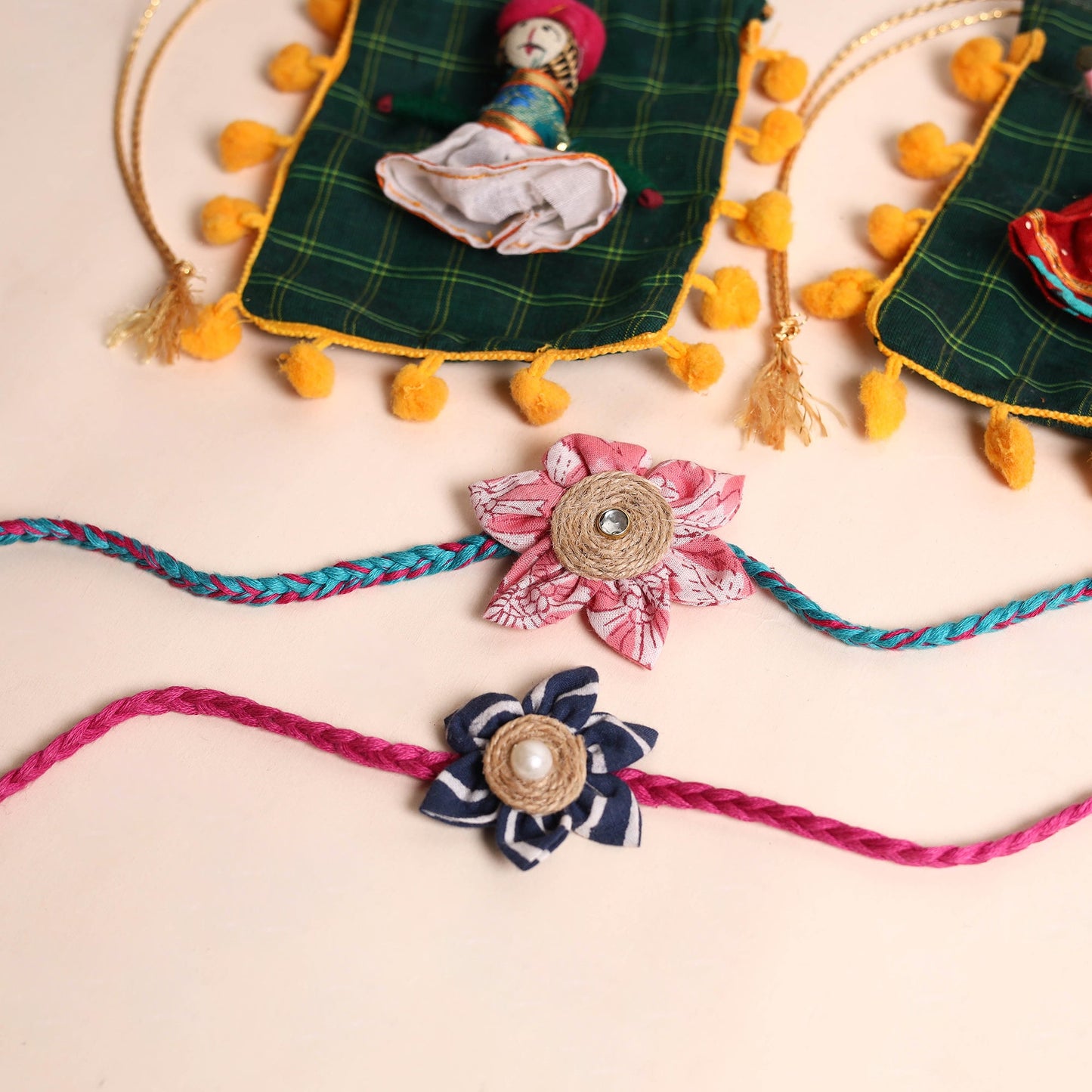 Handmade Fabric Flower Rakhi (Set of 2)