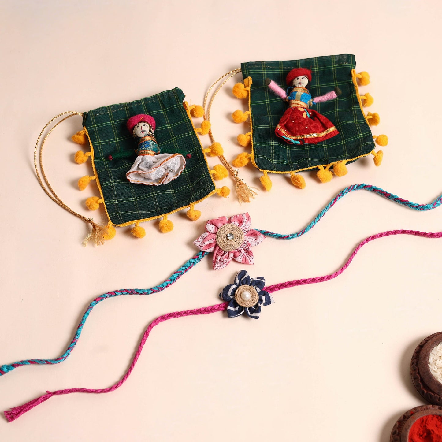 Handmade Fabric Flower Rakhi (Set of 2)