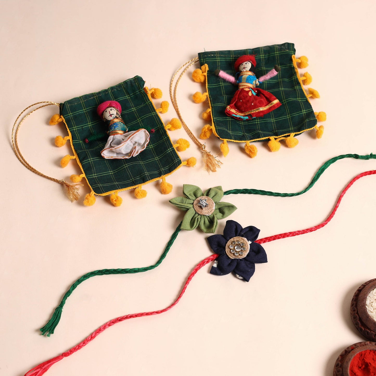 Handmade Fabric Flower Rakhi (Set of 2)
