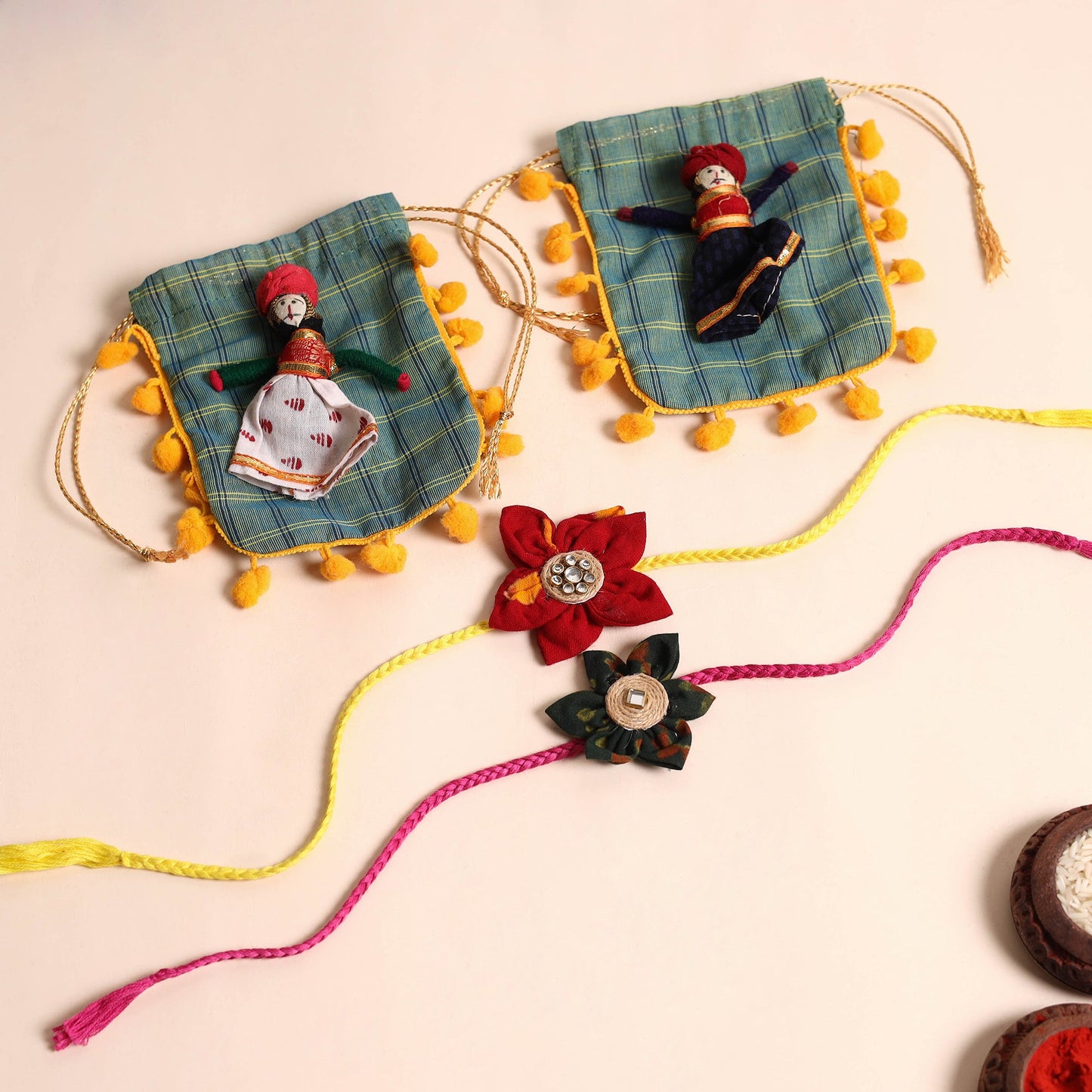 Handmade Fabric Flower Rakhi (Set of 2)