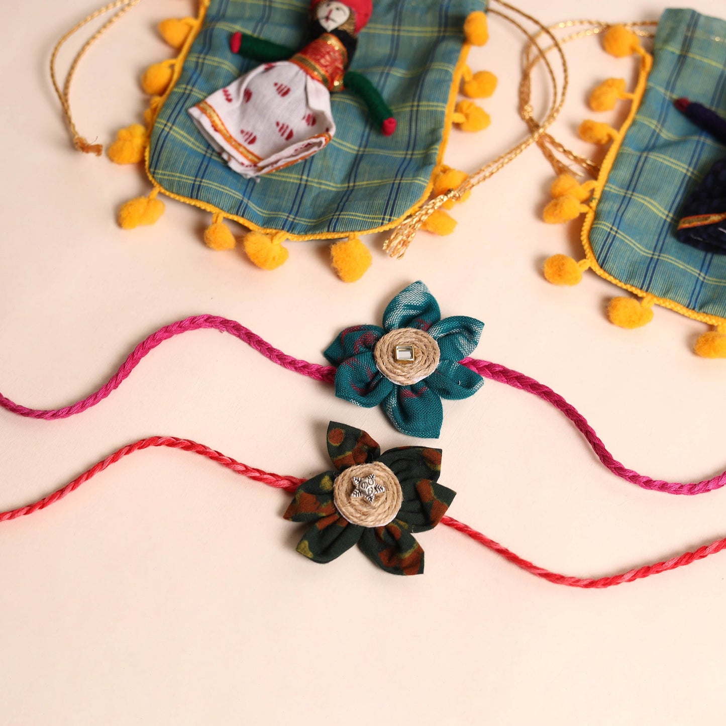 Handmade Fabric Flower Rakhi (Set of 2)
