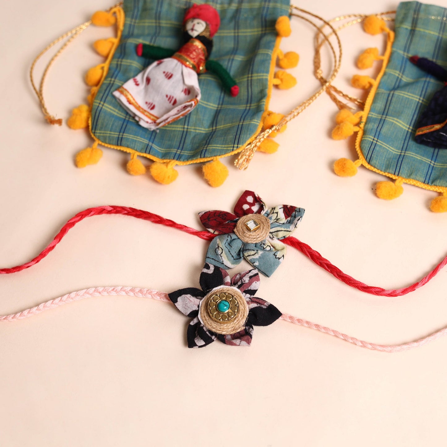 Handmade Fabric Flower Rakhi (Set of 2)