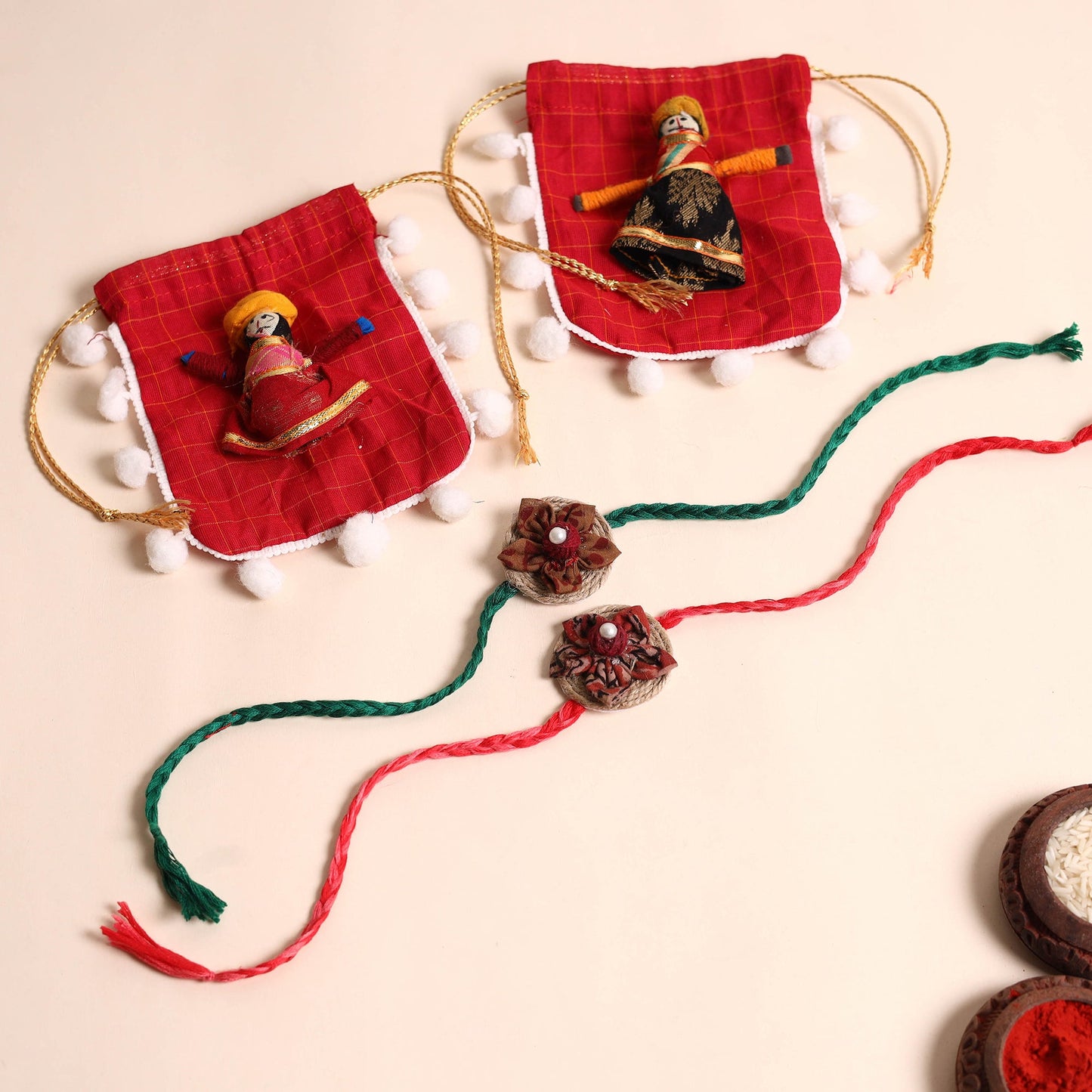 Handmade Fabric Flower Rakhi (Set of 2)