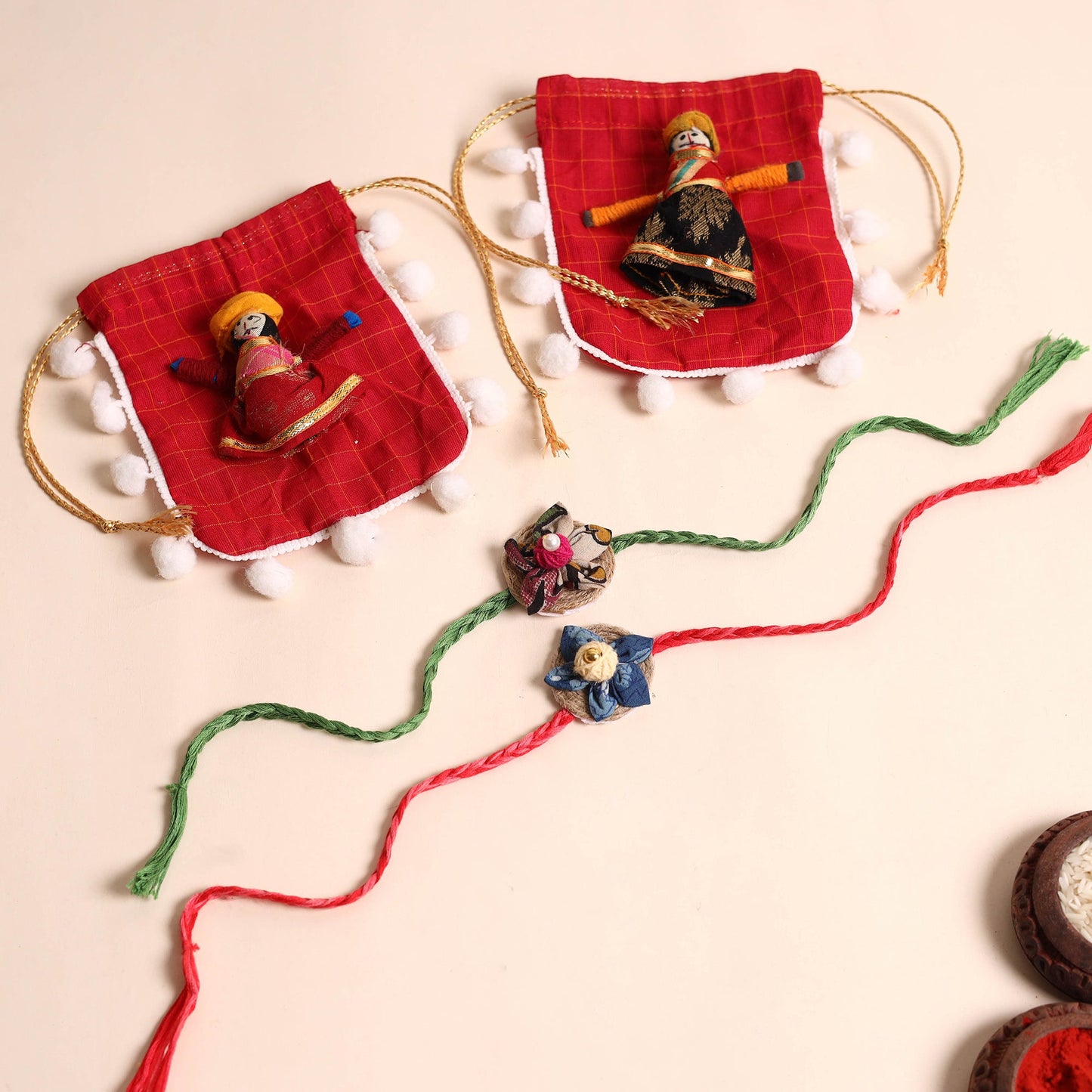 Handmade Fabric Flower Rakhi (Set of 2)