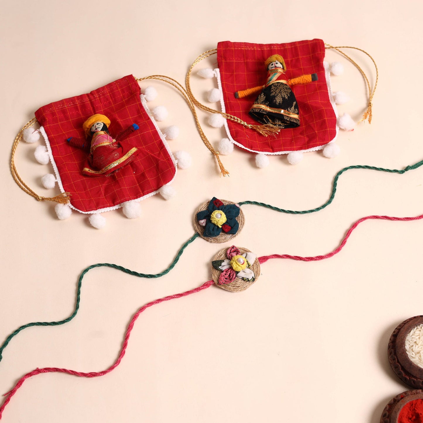 Handmade Fabric Flower Rakhi (Set of 2)
