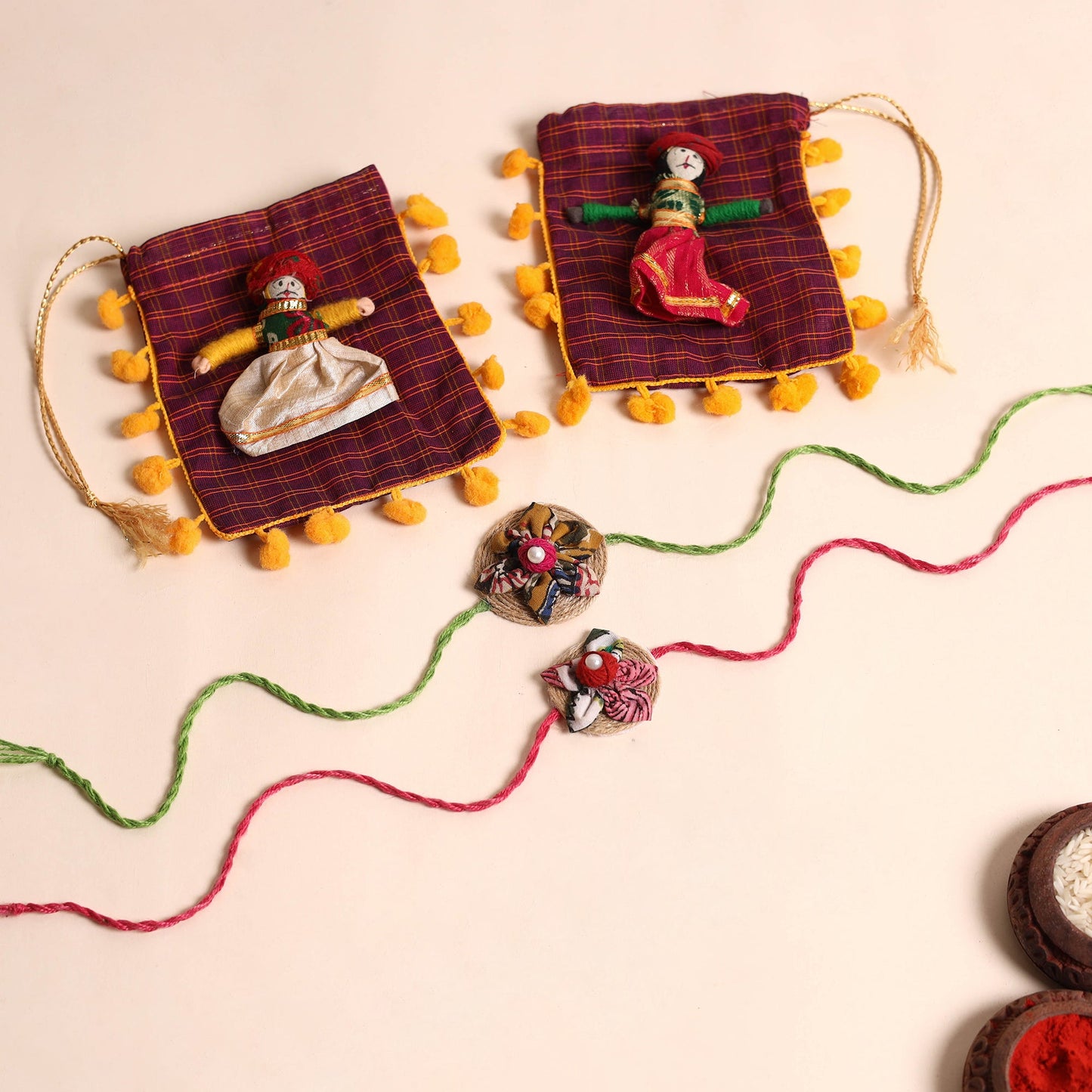 Handmade Fabric Flower Rakhi (Set of 2)