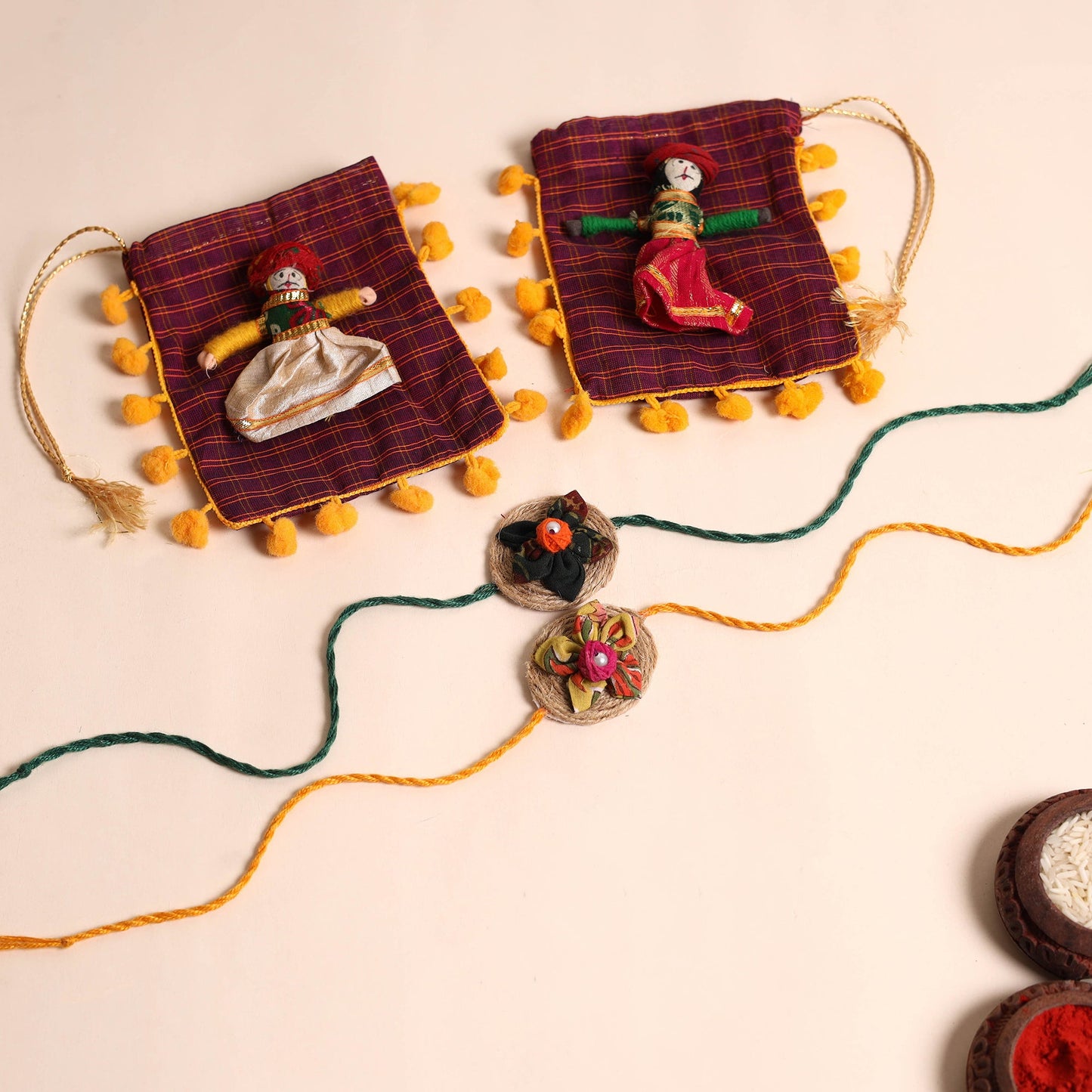Handmade Fabric Flower Rakhi (Set of 2)