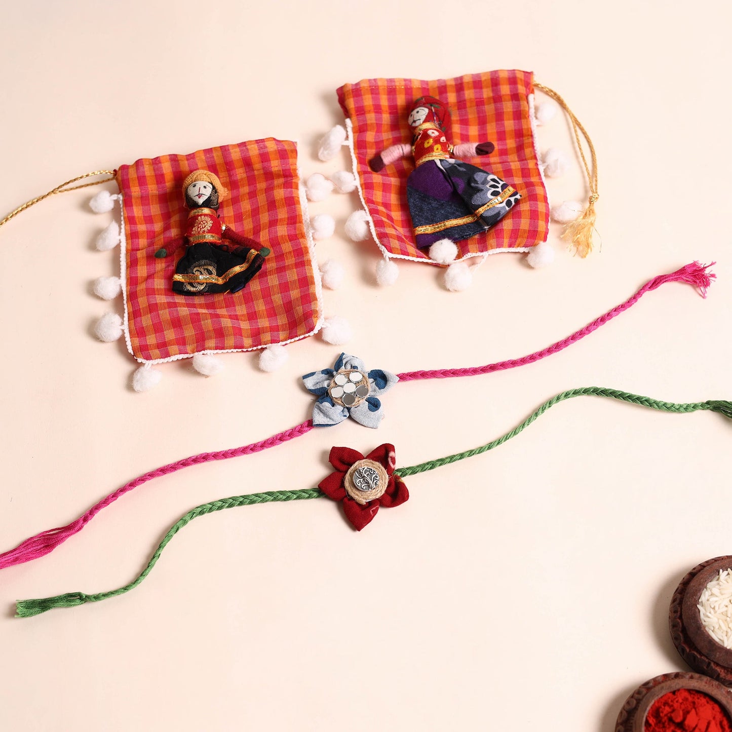 Handmade Fabric Flower Rakhi (Set of 2)