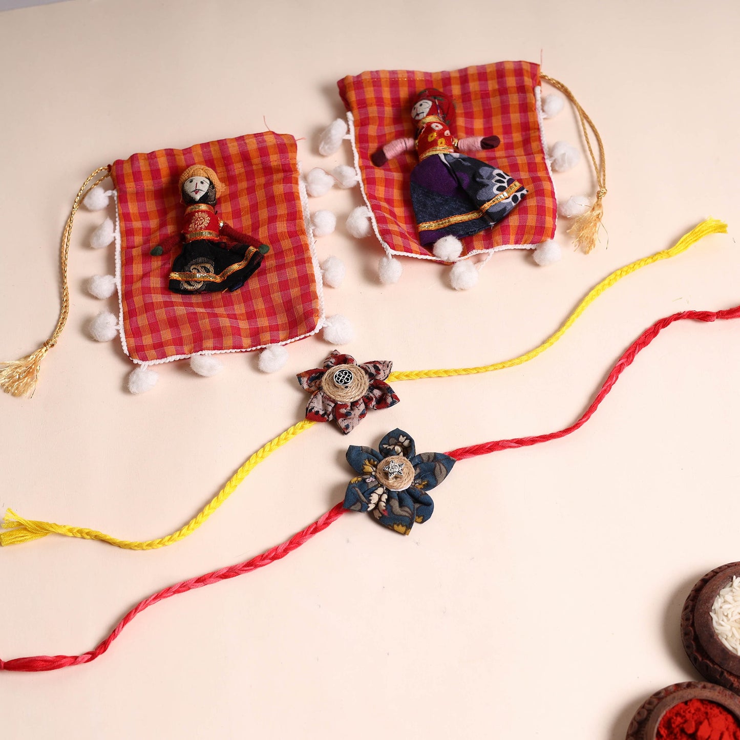 Handmade Fabric Flower Rakhi (Set of 2)