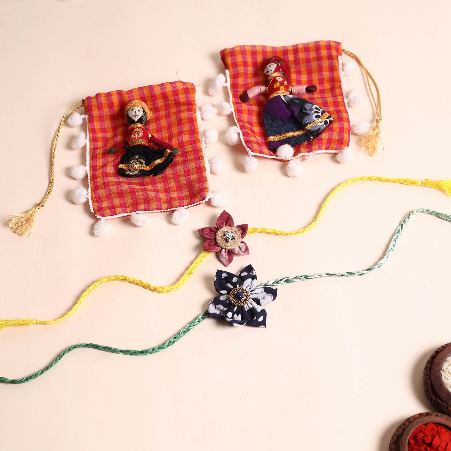 Handmade Fabric Flower Rakhi (Set of 2)