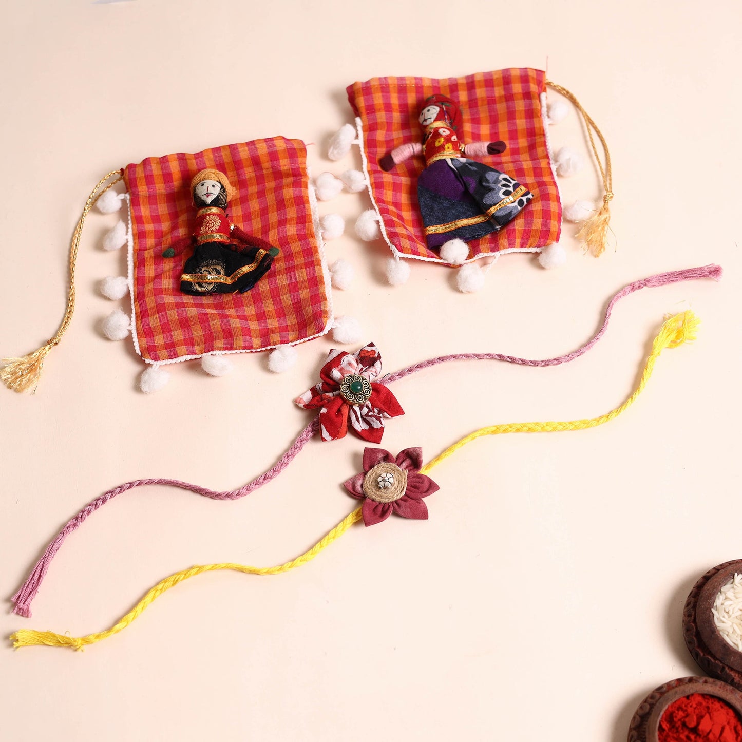 Handmade Fabric Flower Rakhi (Set of 2)