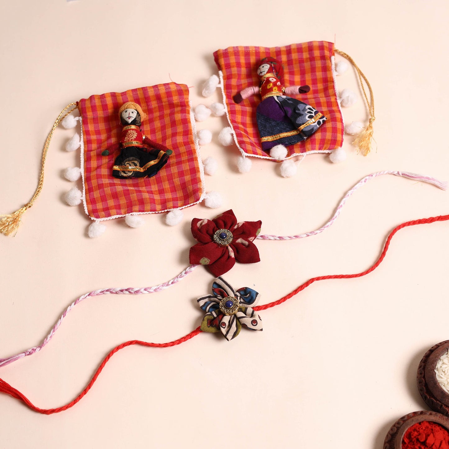 Handmade Fabric Flower Rakhi (Set of 2)