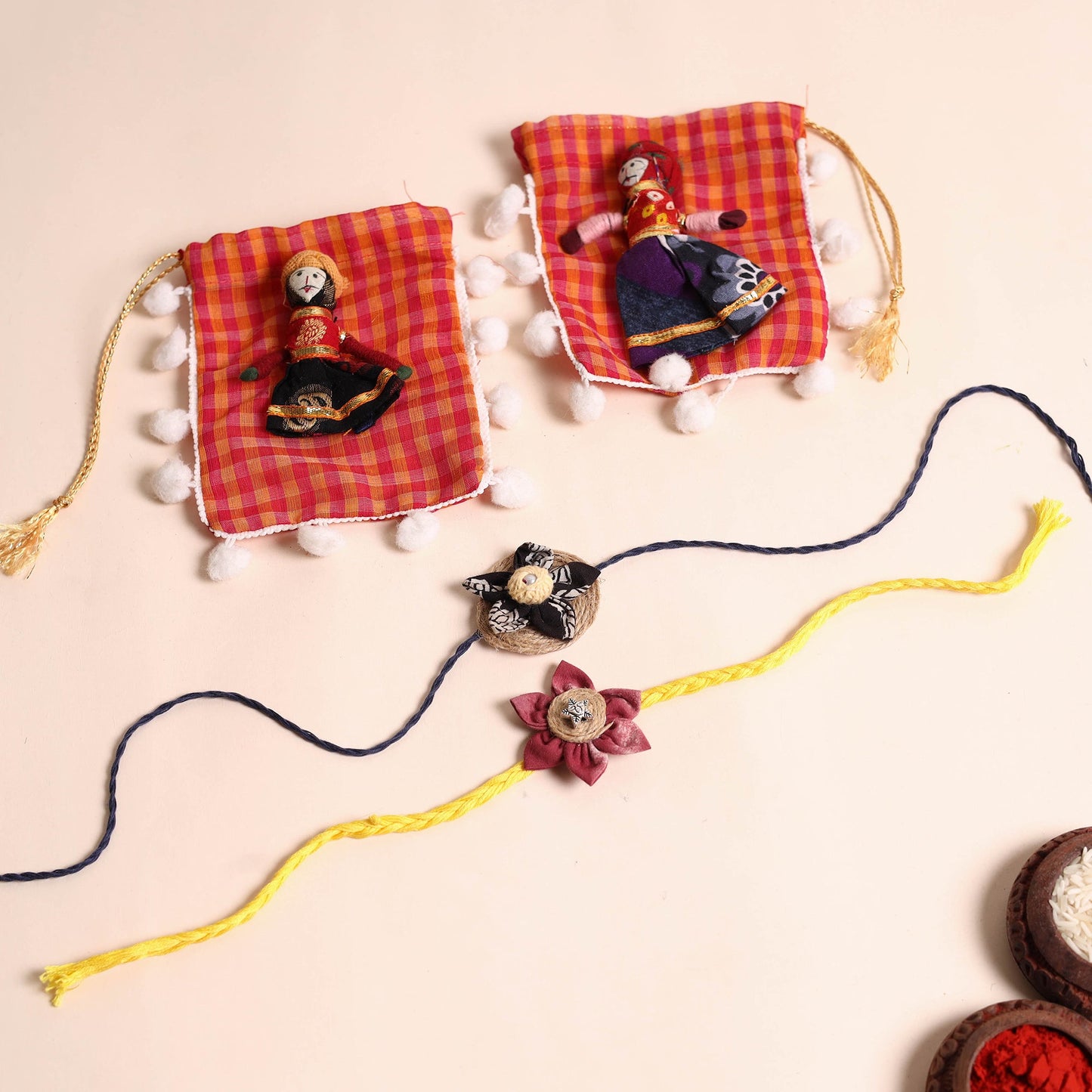 Handmade Fabric Flower Rakhi (Set of 2)