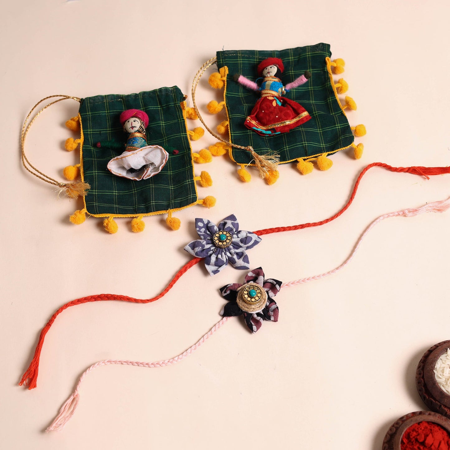 Handmade Fabric Flower Rakhi (Set of 2)