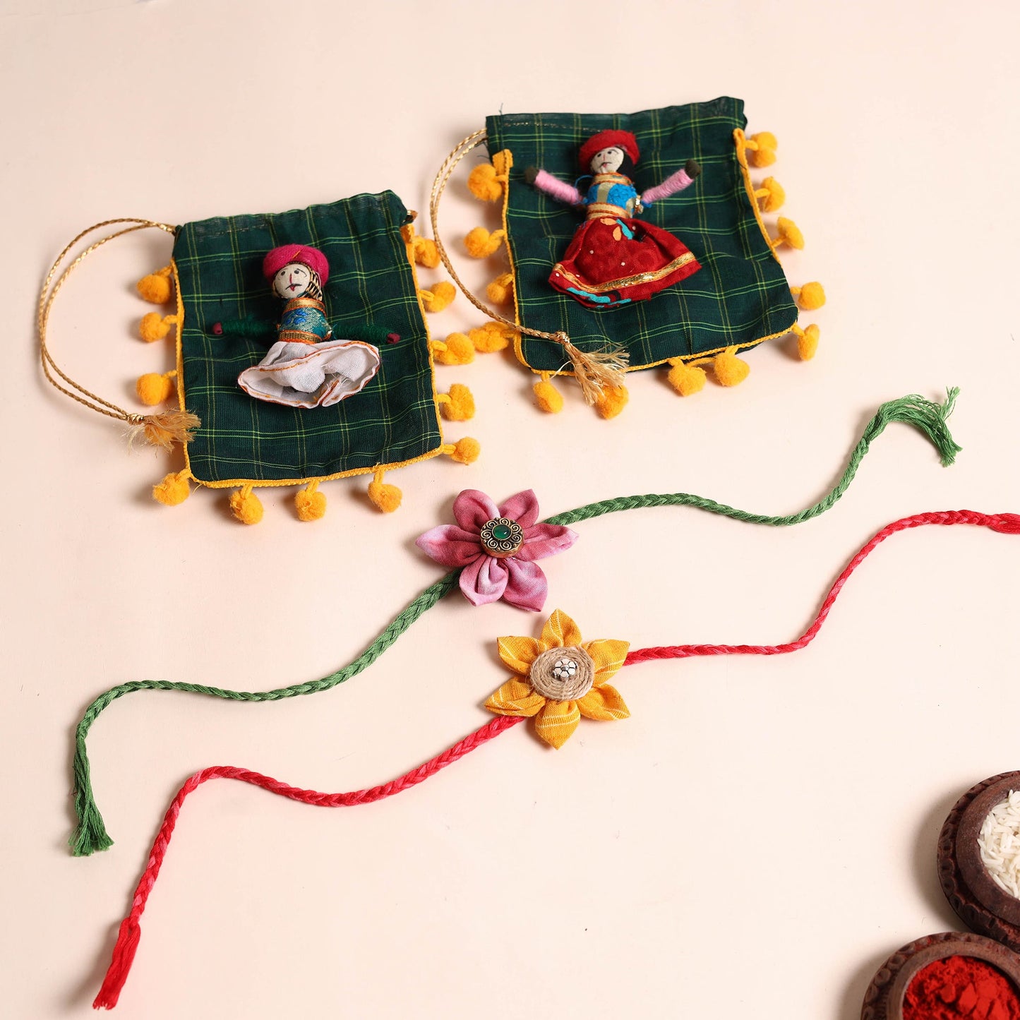 Handmade Fabric Flower Rakhi (Set of 2)